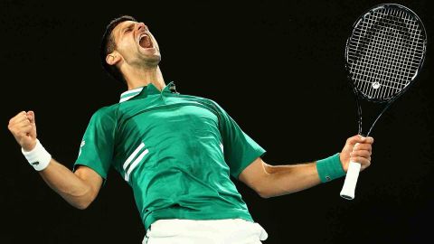 Novak Djokovic in a green dress poses a picture.